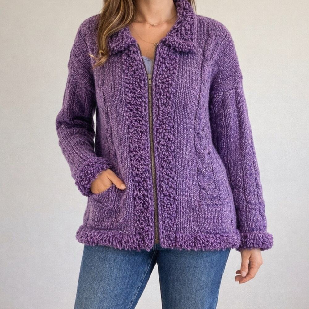 Otavalo Native American Hand Knit Purple Wool Blend Cardigan Sweater Chunky Zip